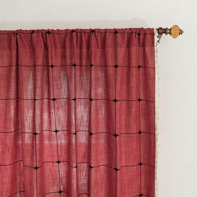 Sutuo Home Boho Curtains for Kitchen Nursery 63 Inch Length, Grid Linen Light Filtering Farmhouse Vintage Chic Tassels Window Treatment Bohemian Drape for Xmas Decor 1 Panel 52" W x 63" L, Red Plaids