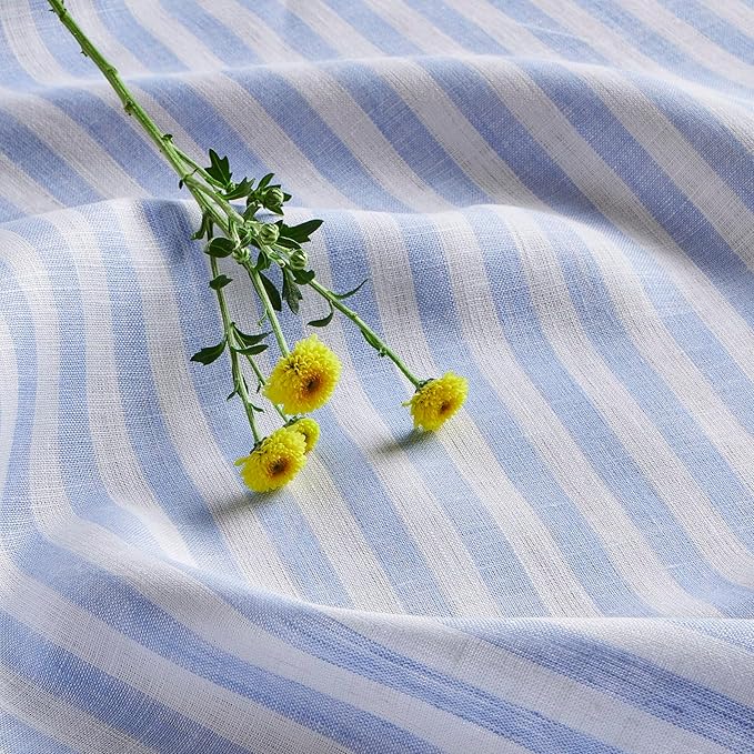 Solino Home Linen Square Tablecloth 52 x 52 Inch - Amalfi Stripe, 100% Pure Linen Sky Blue and White Table Throw - Machine Washable Tablecloth for Holiday