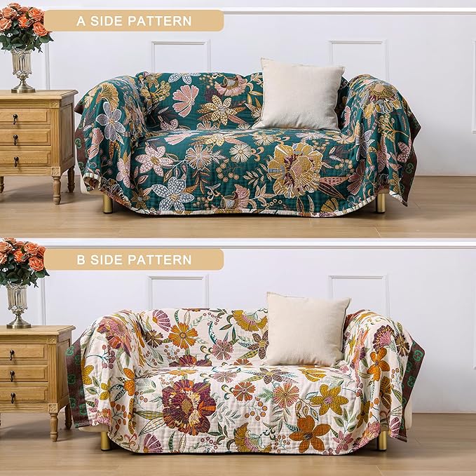King Boho Throw Blanket for Bed, 100% Cotton Muslin Soft Throw-Floral Farmhouse Rustic Decor Blanket for Couch Sofa Quilt and Gift, 91" x 98"-BeigeWhite