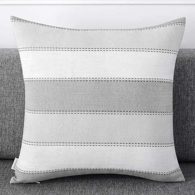 AmHoo Pack of 2 Farmhouse Stripe Check Throw Pillow Covers Set Case Cotton Linen Decorative Pillowcases Cushion Cover for Couch Bench Sofa 24x24Inch Light Grey Beige