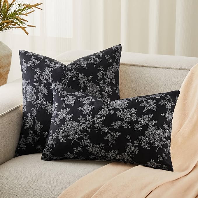 100% Cotton French Pastoral Throw Pillow Covers Set of 2, 24x24 Inch Background/Black Farmhouse Decorative Cushion Covers for Sofa Bed Living Room Home Decor