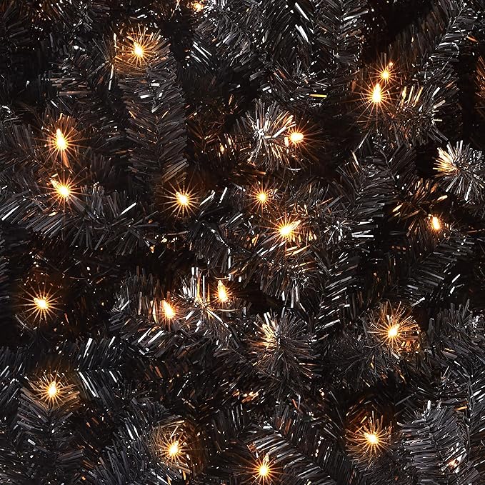 Yaheetech 6ft Pre-lit Halloween Black Spruce Artificial Hinged Christmas Pine Tree Prelighted Xmas Tree for Home Party Holiday Decoration with 300 Clear Warm White Lights and 818 Branch Tips, Black