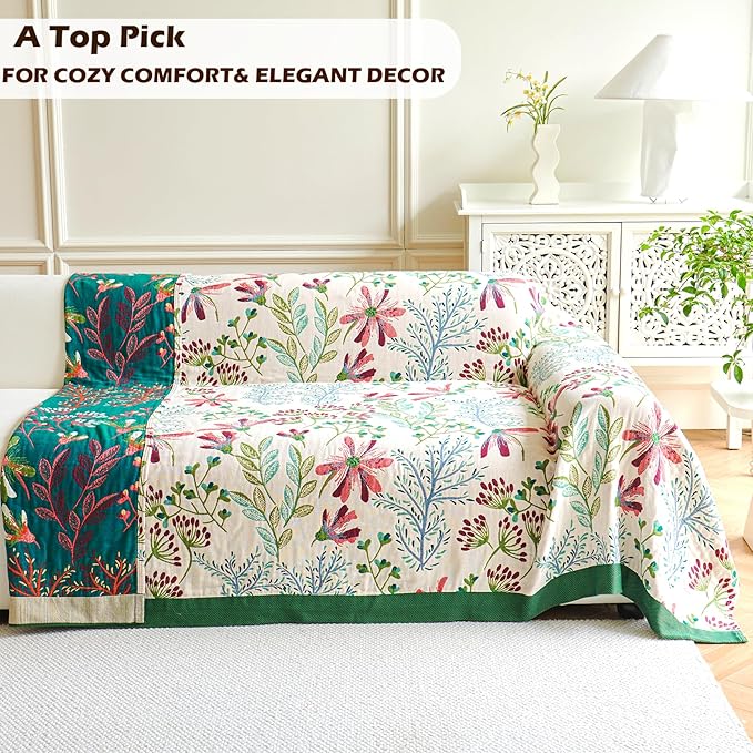 Boho Throw Blanket, 100% Organic Cotton Breathable Ultra Soft 91" x 98" Bed Quilt Throw - All Season Floral Rustic Farmhouse Decor Luxury Reversible Blanket for Sofa Couch Chair and Gift