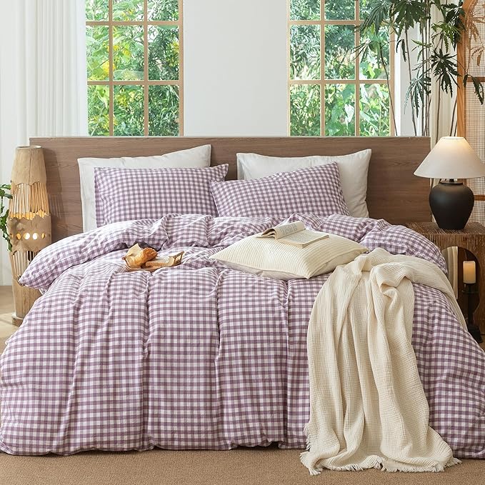 MooMee Gingham Duvet Cover Set 100% Washed Cotton Linen Like Textured Breathable Durable Soft Comfy Modern Checkered Design (Buffalo Plaid Tannish Linen Grey, Queen 90"x90")