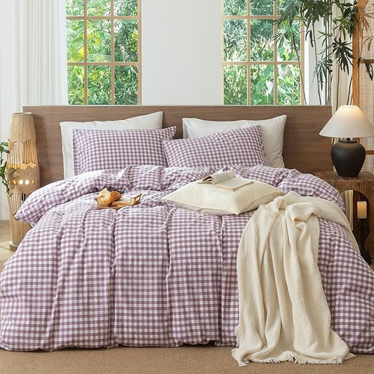 MooMee Gingham Duvet Cover Set 100% Washed Cotton Linen Like Textured Breathable Durable Soft Comfy Modern Checkered Design (Buffalo Plaid Tannish Linen Grey, Queen 90"x90")