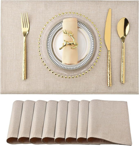 SLKQG Linen-Look Placemats Set of 8, Heat Resistant & Machine Washable Double-Layered Cloth Placemats for Dining Table, Indoor/Outdoor Use, Non-Slip Kitchen Table Mats (8, Light Linen)