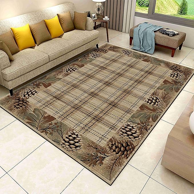 Rustic Cabin Area Rug, 5x6ft, Country Nature Leaf Pine Cone Border Accent Rugs, Lodge Brown Buffalo Plaid Rug, Non Slip Machine Washable Low Pile Area Rug for Living Room, Bedroom