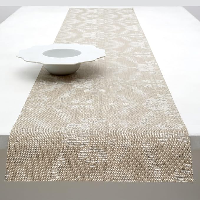 Martha by Martha Stewart | Chilewich Damask Table Runner in Flax - Easy Care Woven Textile - Indoor/Outdoor - Stain/Fade Resistant - 14" x 72"