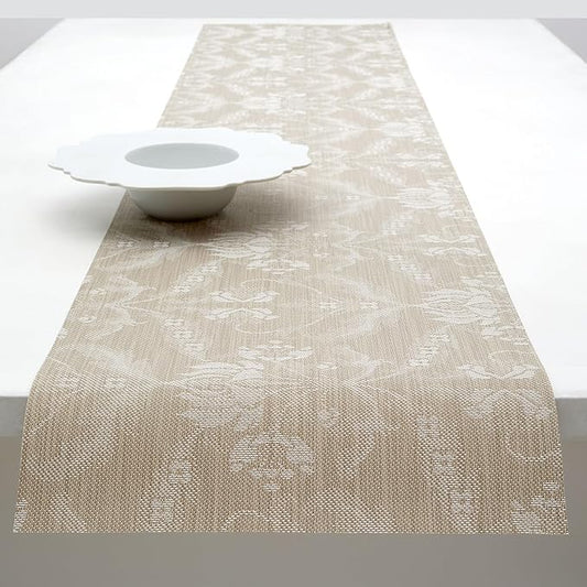Martha by Martha Stewart | Chilewich Damask Table Runner in Flax - Easy Care Woven Textile - Indoor/Outdoor - Stain/Fade Resistant - 14" x 72"