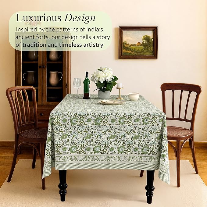CPC Tablecloth 100% Cotton 72x140 Inch Indian Block Print Rectangle Table Cover, Green Table Cloth for Weddings, Spring/Summer, Barbeque - Agate Green