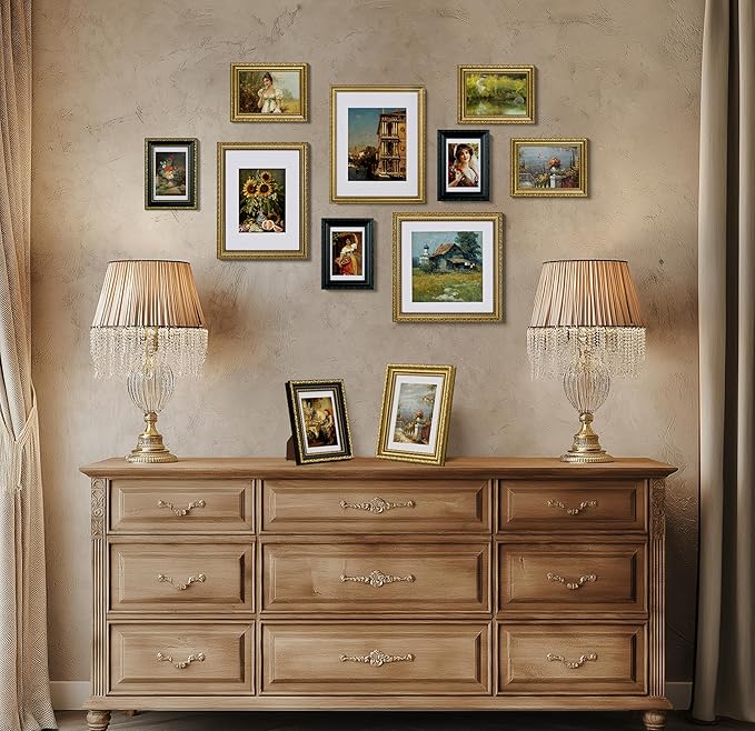 eletecpro 9x12 Picture Frames Set of 2, Vintage 9 x 12 Photo Frames with Glass, Display 6x8 Photo with Mat or 9x12 without Mat for Tabletop or Wall Decor, Gold