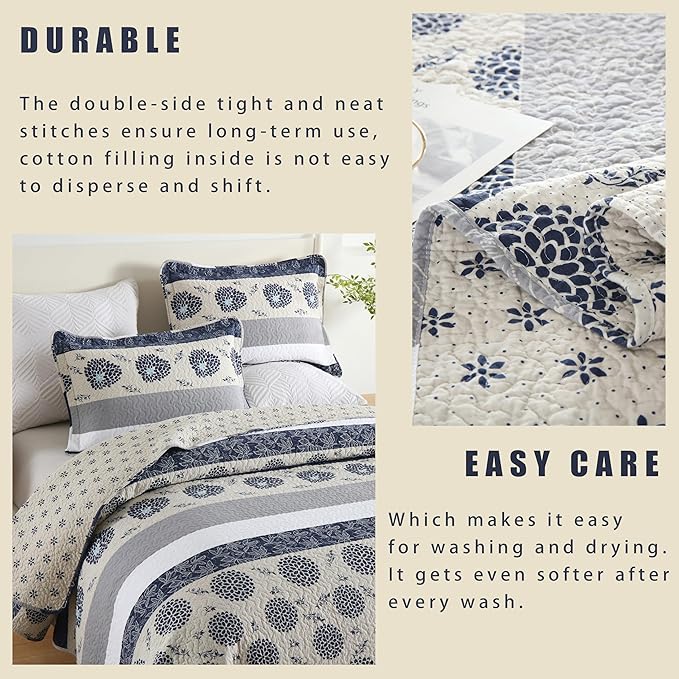 Homzard Quilt King Size-Comforter King Quilt Bedding Set,Navy Blue Beige Grey All Cotton Quilted Bedspread,Striped Floral Pattern Bedding Set,Lightweight Reversible 3 Piece,All Seasons