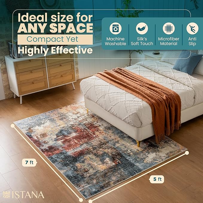 Istana 5x7 Area Rug - Multi/Red Rugs for Living Room 5x7 - Foldable Rugs for Bedroom - Stain Resistant Washable Rug - Eco-Friendly Boho Area Rugs - Easy to Clean Living Room Rug