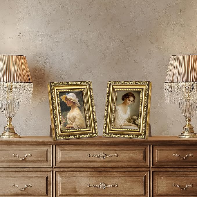 eletecpro 3x4 Picture Frames Set of 2, Ornate Vintage Photo Frame with Glass, Rustic Gold Frames Display 3 x 4 Photo for Tabletop, Gold