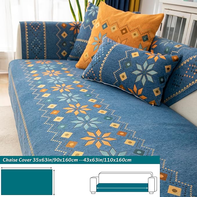 Boho Chenille Couch Covers,Geometric Couch Covers for Sofa,Chenille Couch Cover Non Slip,Sectional l Shaped Sofa Furniture Protector Cover for Home Decor,Blue_1 Seat 43x43in/110x110cm