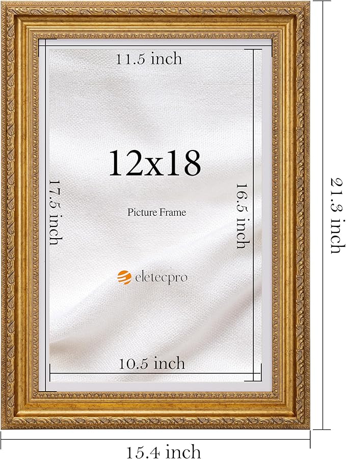 eletecpro 12x18 Picture Frames Set of 2, Vintage Gold Photo Frames 12 x 18 Display 11x17 Photo with Mat or 12x18 without Mat for Home Wall Decor, Gold