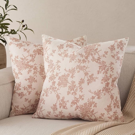 100% Cotton French Pastoral Throw Pillow Covers Set of 2, 20x20 Inch Terracotta Farmhouse Decorative Cushion Covers for Sofa Bed Living Room Home Decor