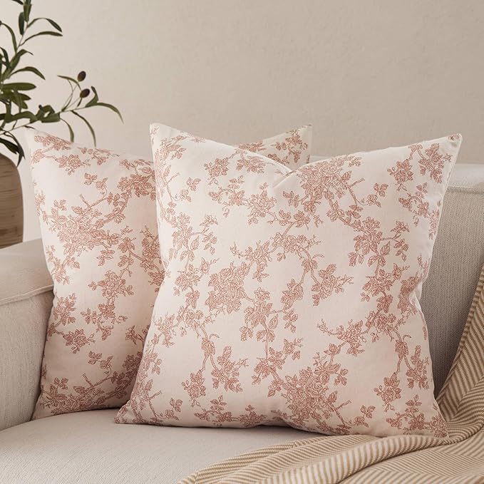 100% Cotton French Pastoral Throw Pillow Covers Set of 2, 22x22 Inch Terracotta Farmhouse Decorative Cushion Covers for Sofa Bed Living Room Home Decor