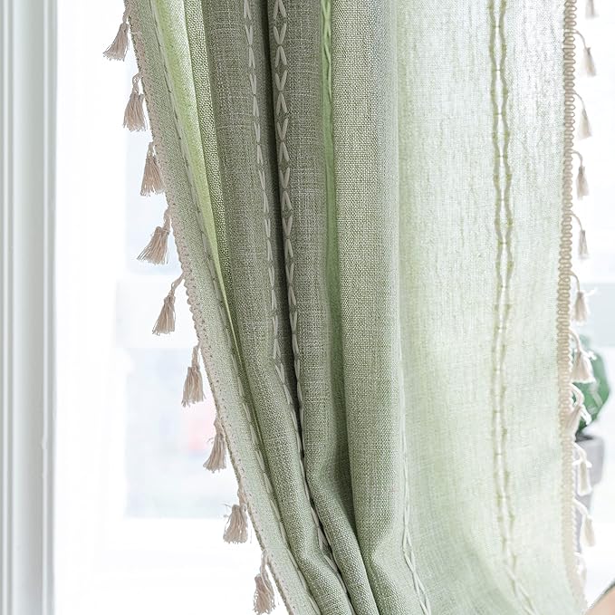 Sutuo Home Boho Curtain for Bedroom 84 Inch Length, Light Filtering Farmhouse Vintage Chic Tassels Window Treatment Bohemian Embroidery Drape, Rod Pocket 1 Panel 52" W x 84" L, Sage Green