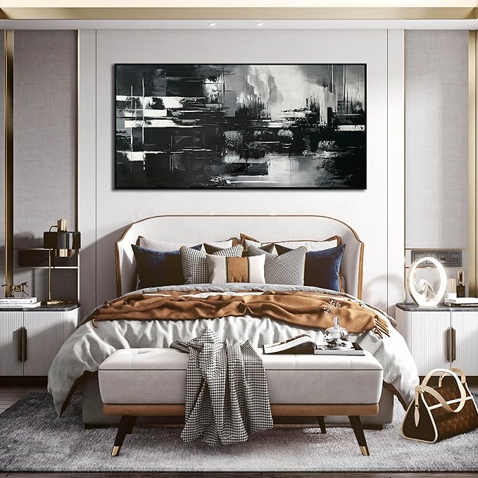 Hand Painted Abstract Canvas Wall Art for Living Room - Black and White Pictures for Office Wall Decor - Large Modern Wall Art Size 29" x 59"