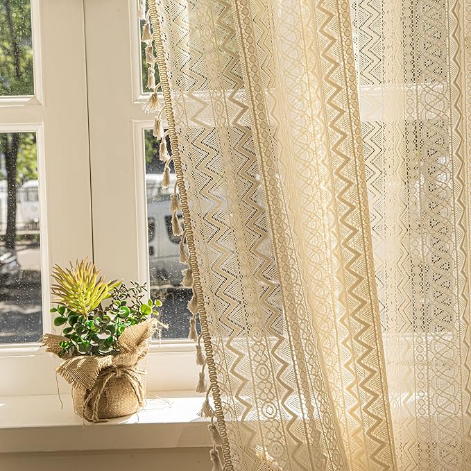 Sutuo Home Boho Curtains 84 Inches Length for Bedroom, Window Treatments Bohemian Sheer Crochet Lace Vintage Drapes Pair, Beige Wave Knitted with Handmade Tassels Rod Pocket, 52" x 84"，2 Panels