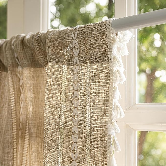 Sutuo Home Boho Curtains Valance 18 inch for Cafe Kitchen Doorway Closet, Short Linen Farmhouse Chic Tassels Window Treatment Bohemian Embroidery Drape, Rod Pocket 1 Panel 52" W x 18" L, Natural