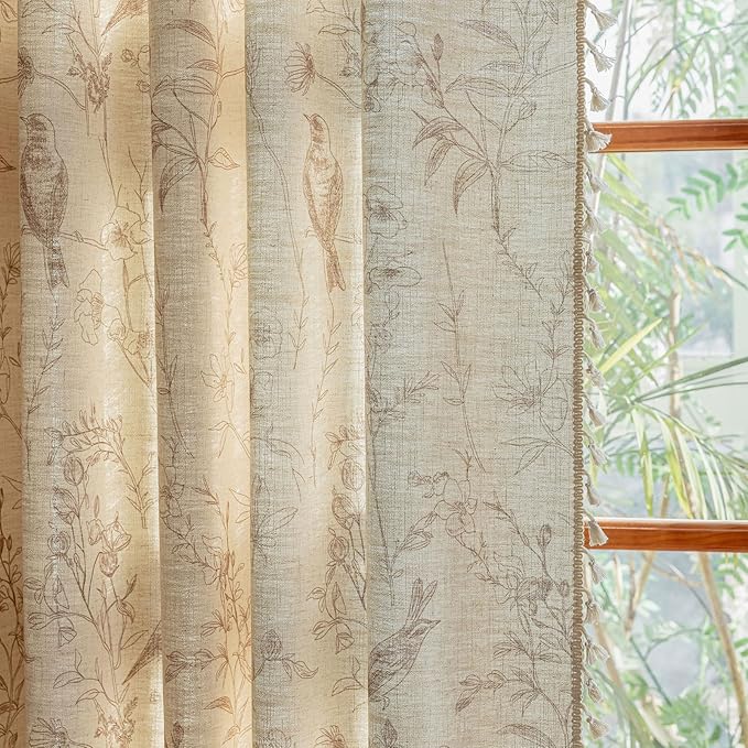 OYX Boho Curtains, Floral Curtains Beige with Garden Birds, Farmhouse Birds Drapes 63 Inches Length Semi Sheer, Rod Pocket Vintage French Country Window Curtain Set 2 Panels for Kitchen, Bedrooms