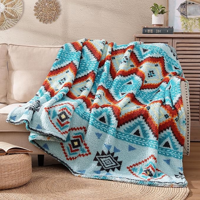 CASAAGUSTO Boho Sherpa Throw Blanket, Aztec King Size Blanket, Ultra Soft, Warm, Cozy, Plush, Thick Fleece Bohemian Throw Blanket for Couch, Bed, Sofa (Aqua 108 * 90 Inch)