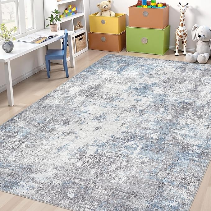 Washable 10X14 Area Rug: Modern Abstract Soft Non-Slip Indoor Rugs - Low Pile Stain Resistant Foldable Rug for Living Room Bedroom Dining Room Playroom Office(Blue Grey 10'x14')