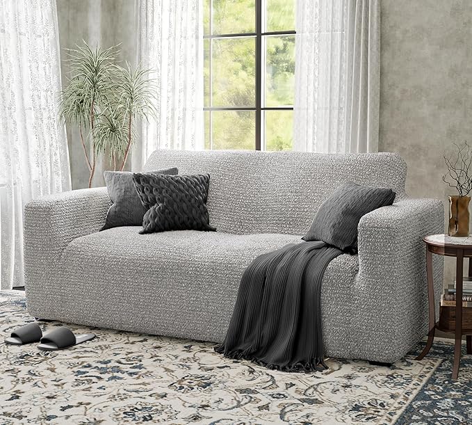 PAULATO BY GA.I.CO. Loveseat Slipcover - Oversized Chair Cover - Stretch Couch Cover - Cushion Love Seat Sofa Slipcover - 1-Piece Form Fit Washable Protector - Mille Righe Collection - Platinum