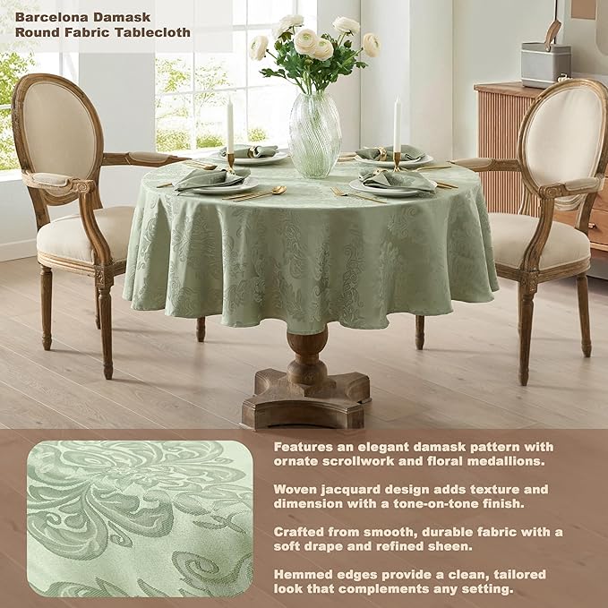 Newbridge Barcelona Damask Fabric Tablecloth, 90 Inch Round, Sage Green – No Iron, Soil Resistant Table Cover for Dining, Parties and Holidays