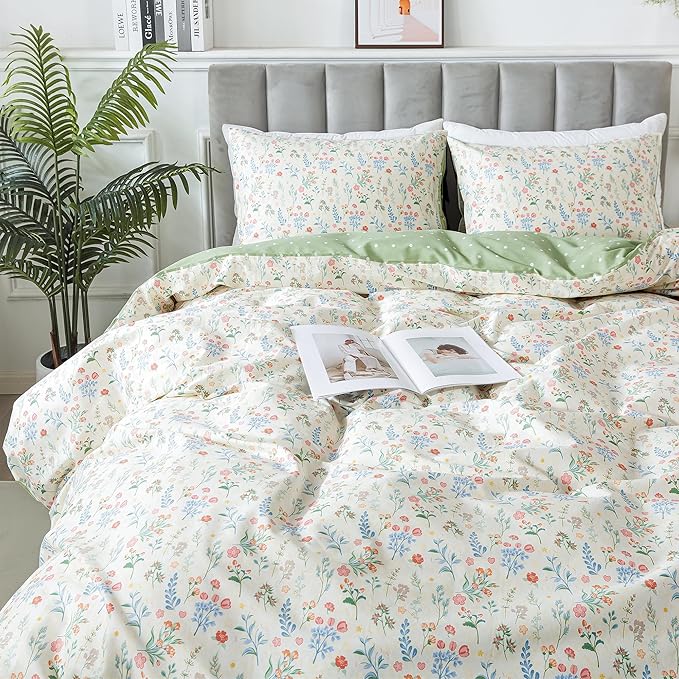 HoneiLife Duvet Dover Queen Size - 100% Cotton Bedlinen Set, Floral Comforter Cover with Zipper Closure & Corner Ties, 3-PC Wildflower Comforter Cover Sets