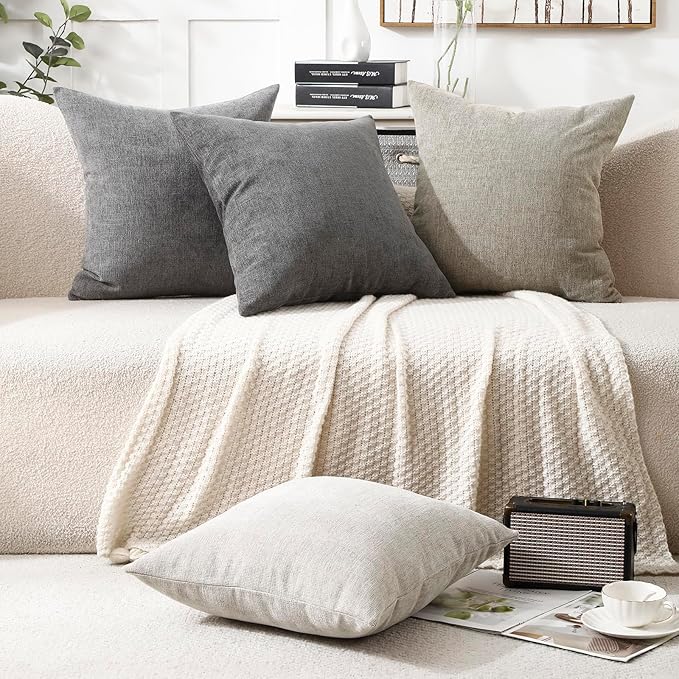 Jepeak 24x24 Inch Decorative Chenille Throw Pillow Covers, Pack of 2 Cozy Concise Pillow Cases Soft Farmhouse Modern Square Cushion Cover for Sofa Couch Bed Home Decor, Gray
