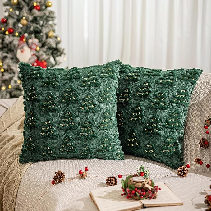 AQOTHES Christmas Tree Decorative Green Throw Pillow Covers 18x18 Set of 2, Faux Fur Farmhouse Throw Pillows Cushion Cases for Xmas Winter Holiday Home Decor