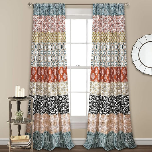 Lush Decor Bohemian Stripe Window Curtain Panels, Pair 52" W x 95" L Turquoise & Orange - Light Filtering Curtains for Bedroom - Boho Curtains - Maximalist Decor