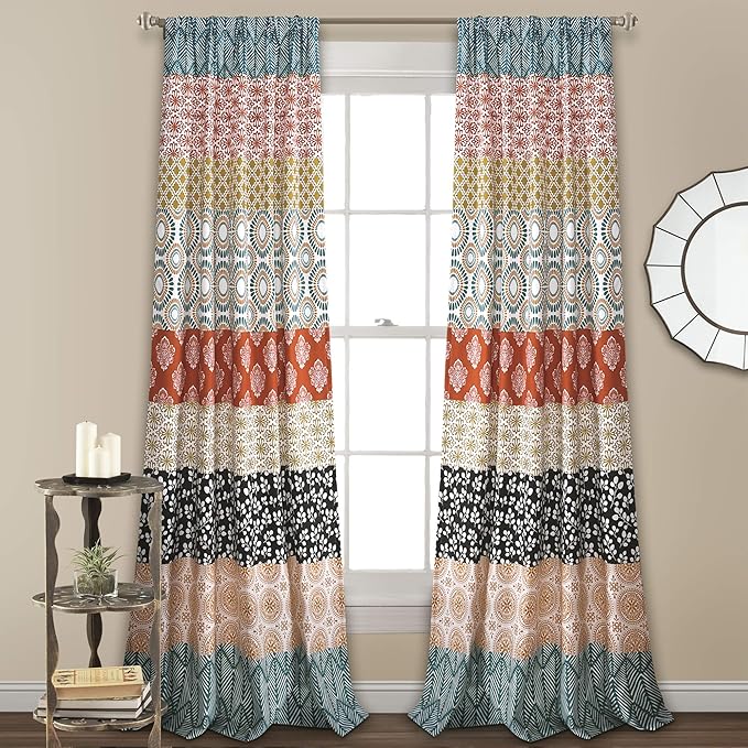 Lush Decor Bohemian Stripe Window Curtain Panels, Pair 52" W x 108" L Turquoise & Orange - Light Filtering Curtains for Bedroom - Boho Curtains - Maximalist Decor