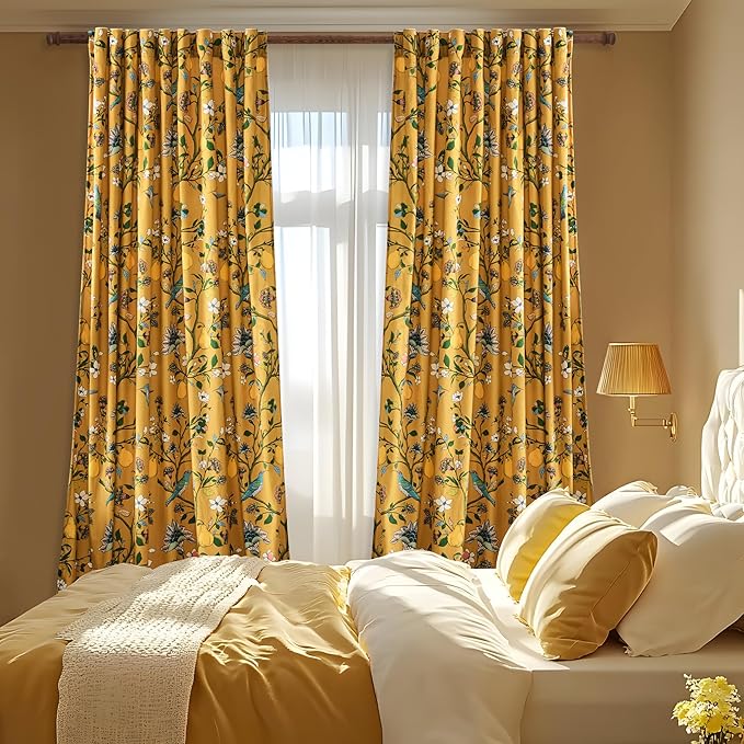 Mustard Yellow Luxury Velvet Floral Curtains 84 inches for Living Room,Vintage Victorian Botanical Blackout Curtain Drapes,2 Panels Mid Century Art Deco Bird Flower Window Curtains for Bedroom