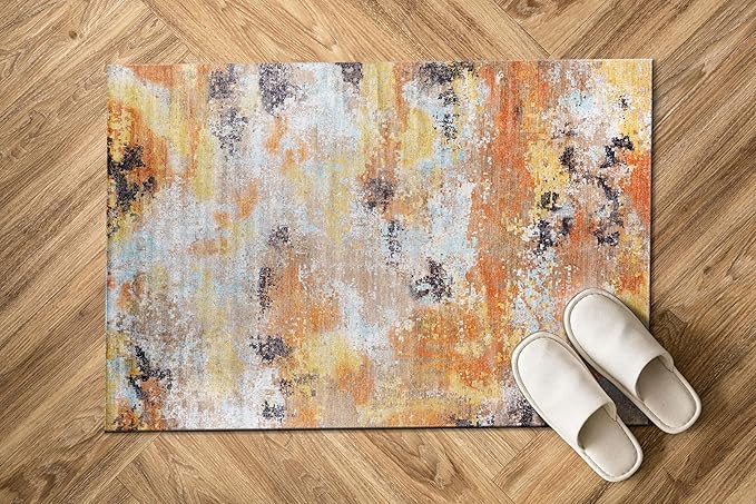 Non Slip Rugs 2x3 Modern Abstract Easy Silk Rubber Backing Soft Entryway Area Rug for Door Mat Easy to Clean Non Shedding Kitchen for Bedroom Indoor Carpet (Orange - Brown, 2x3)