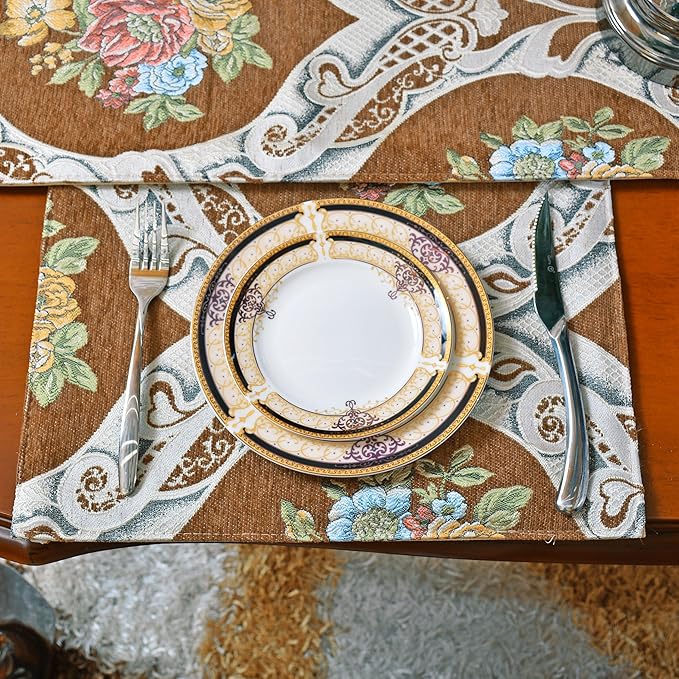 Extra Luxury Velvet Blue Table Runner 120 Inches Long with Vintage Damask Jacquard Design for Dining Room,Living Room,Home Decor,Elegant Beaded Tapestry (Coffee, 6 Piece 13×18 Placemats)