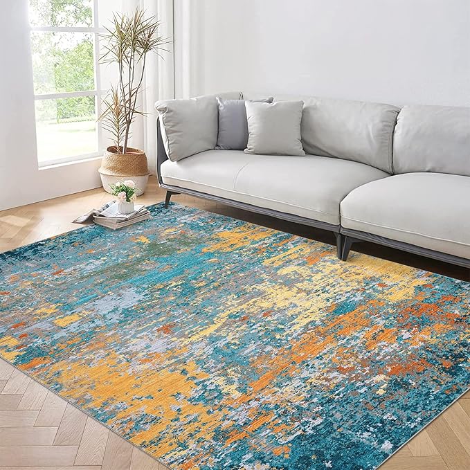 8x10 Modern Abstract Rug Faux Wool Accent Ultra Soft Non Slip Non Shedding Washable Large Rug for Living Room Bedroom Dining Room Office Home, Multi Color