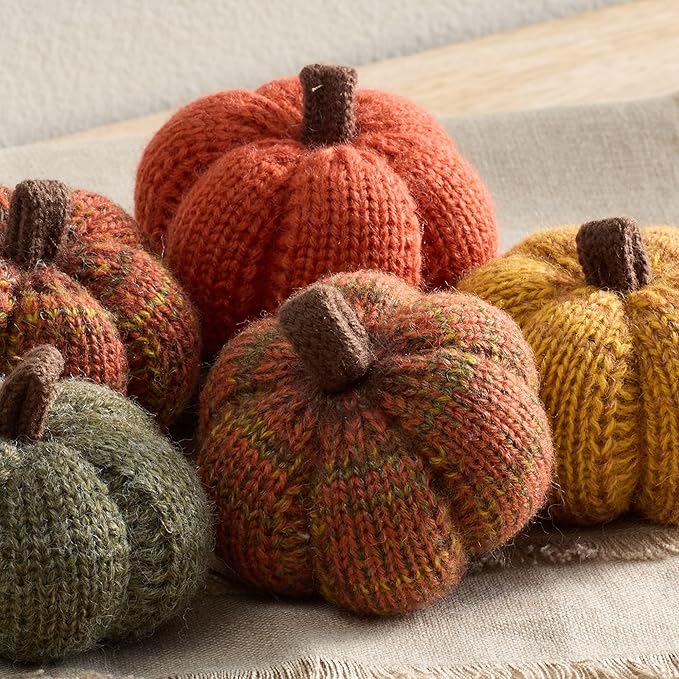 Your Heart's Content Set of 5 Mini Knit Pumpkins, Cozy Autumn Home décor, Green décor, Warm Golden Orange Bowl Filler, Table top Shelf Sitter (Spiced Maple 2.5 Inch Set)