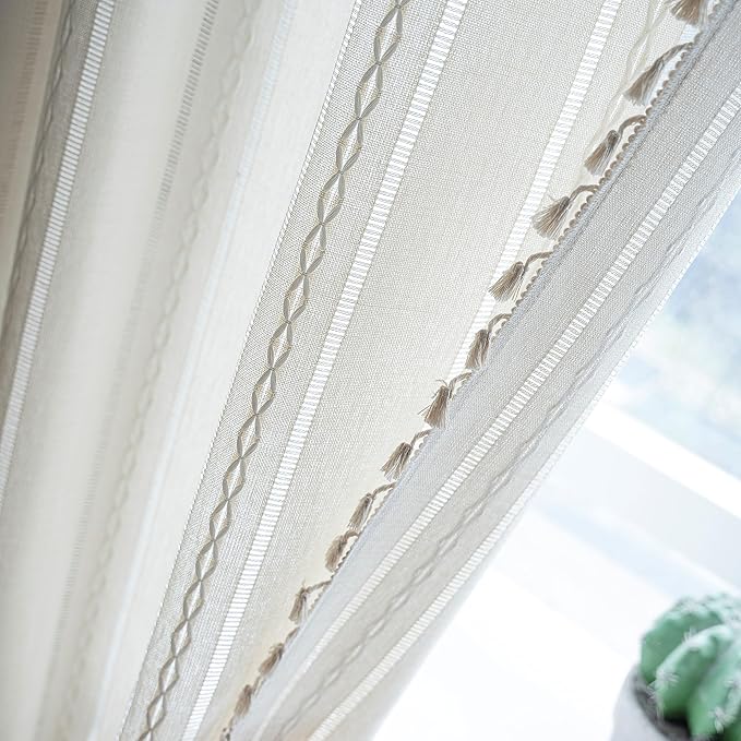 Sutuo Home Boho Curtain for Kitchen Cafe 63 Inches Long, Semi-Blackout Rustic Country Linen Embroidery Vintage Tassels Hollow Window Treatment Bohemian Drape, 1 Panel 52" W x 63" L, Ivory