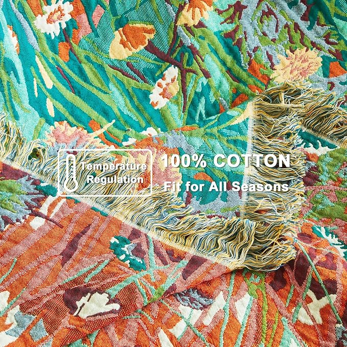Boho Throw Blanket for Bed Cotton Blankets Twin Size for Bedroom Living Room All Season Lightweight Floral Embroidery Quilt for Couch Sofa Chair 60"x80"