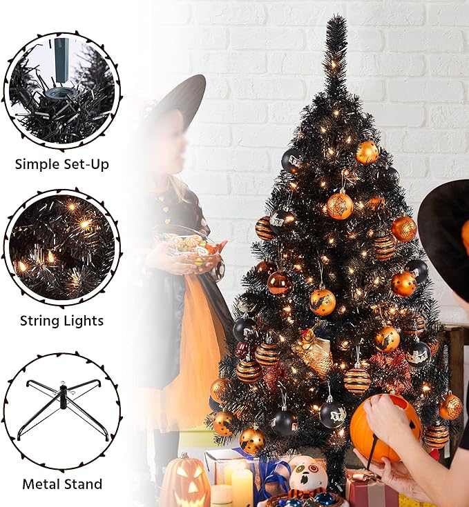Yaheetech 4ft Pre-lit Halloween Black Spruce Artificial Hinged Christmas Pine Tree Prelighted Xmas Tree for Home Party Holiday Decoration with 70 Clear Warm White Lights and 110 Branch Tips, Black