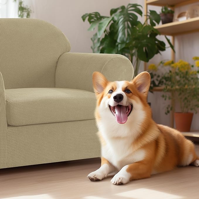 SUBRTEX Sofa Slipcover Stretch Chair Covers 2 Piece 1 Seater Armchair Couch Sofa Cover Washable Furniture Protector with Elastic Bottom for Kids, Pets(New Kahki, Armchair)