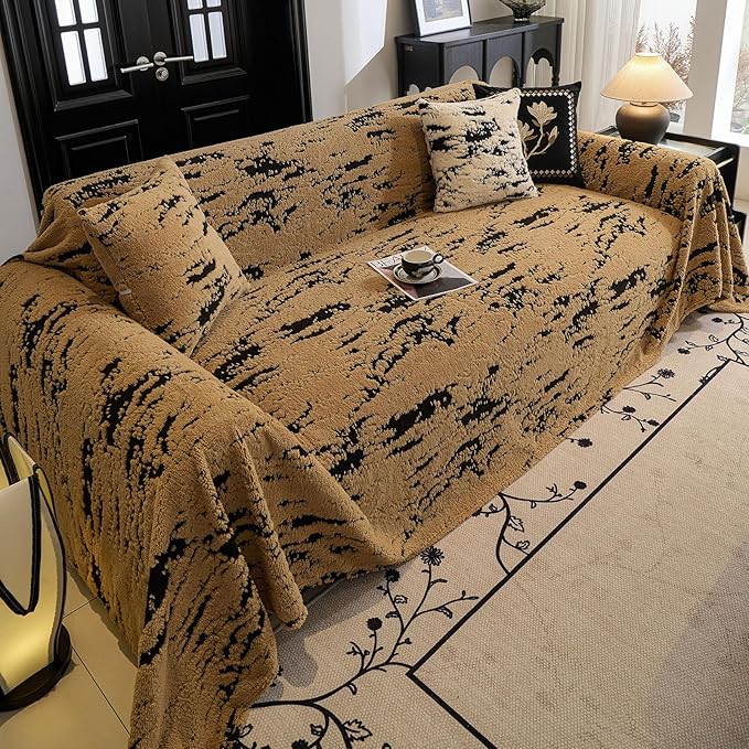 ROOMLIFE Striped Boho Khaki Couch Cover for 2-3 Cushion Sofa, Fuzzy Plush Warm Sofa Slipcovers Sectional Sofas Covers, Non Slip Washable Furniture Protector Soft with Tassel,Winter 71''X150”