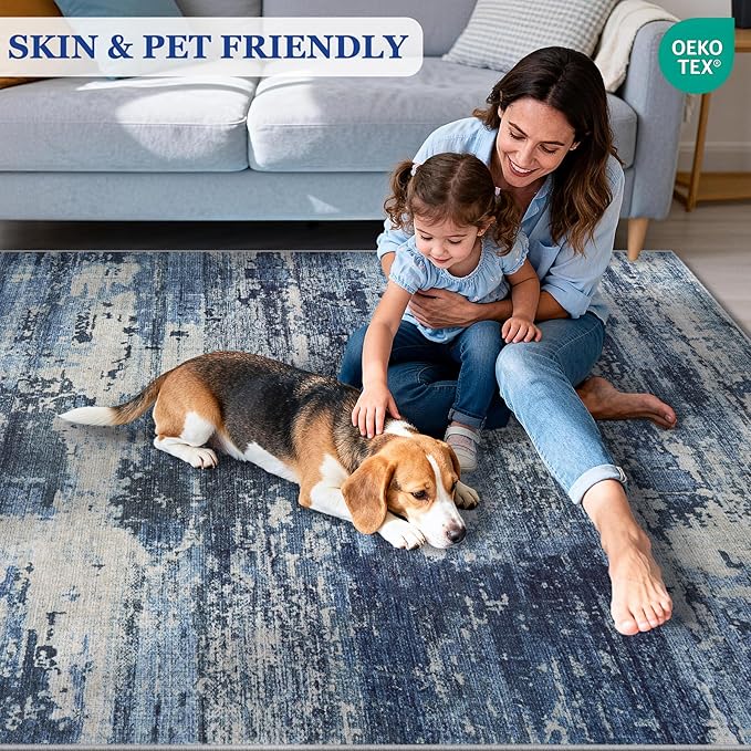 Area Rug Living Room Rugs: 5x7 Rug for Bedroom Machine Washable with Non Slip Backing Non Shedding Abstract Stain Resistant Large Carpet for Dining Room Nursery Home Office - Beige/Blue