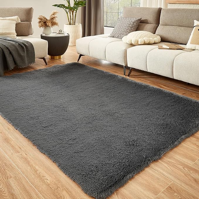 Floralux 8x10 Rugs for Bedroom, Dark Grey, Large Area Rug for Living Room, Soft Fluffy Shag Carpet