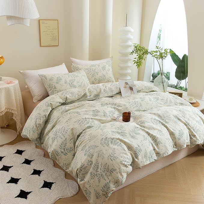 ECOCOTT 3 Pieces Duvet Cover Set with Vintage Green Leaves Pattern 100% Natural Cotton, Ultra Soft and Easy Care Breathable Cozy Simple Style Bedding Set (King Size)