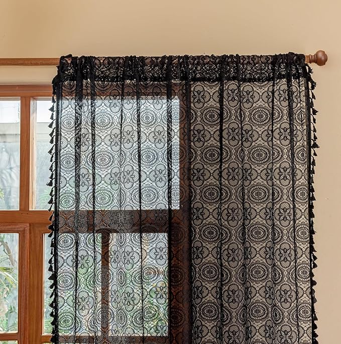Black Lace Curtains Gothic 108 Inches Long Dark Bohemian Goth Curtains Vintage Halloween Sheer Curtain for Living Room Bedroom Privacy Witchy Gothic Victorian Décor 2 Panels W59 x L108 Black